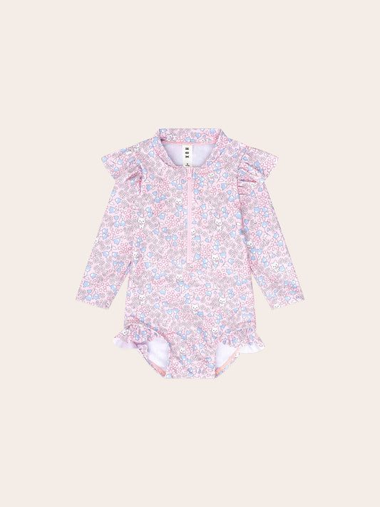 HuxBaby Bluebell Floral Zip Swimsuit - Cherry Blossom